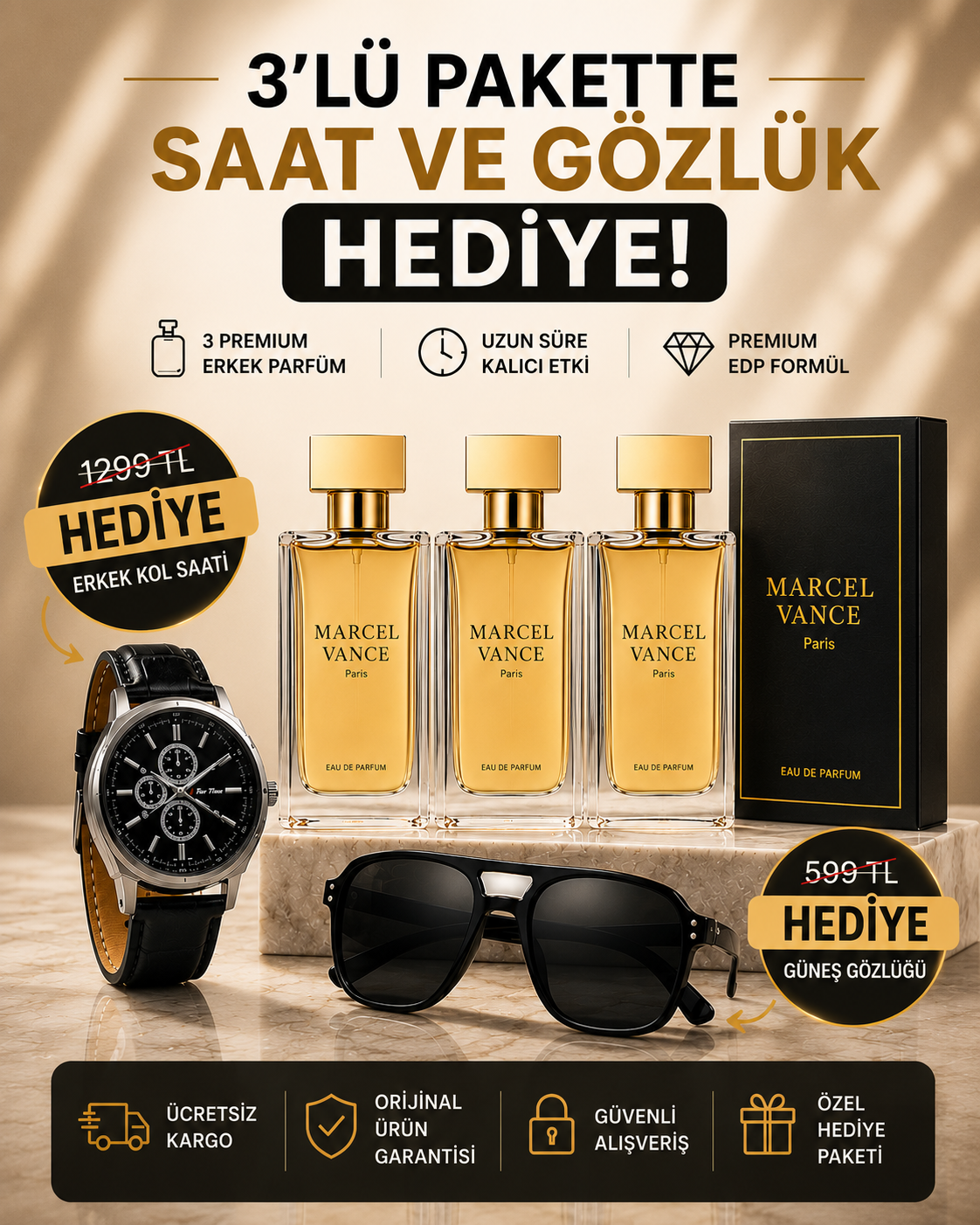 Marcel Vance® Paris Erkek EDP Parfüm | Gözlük ve Saat Hediyeli